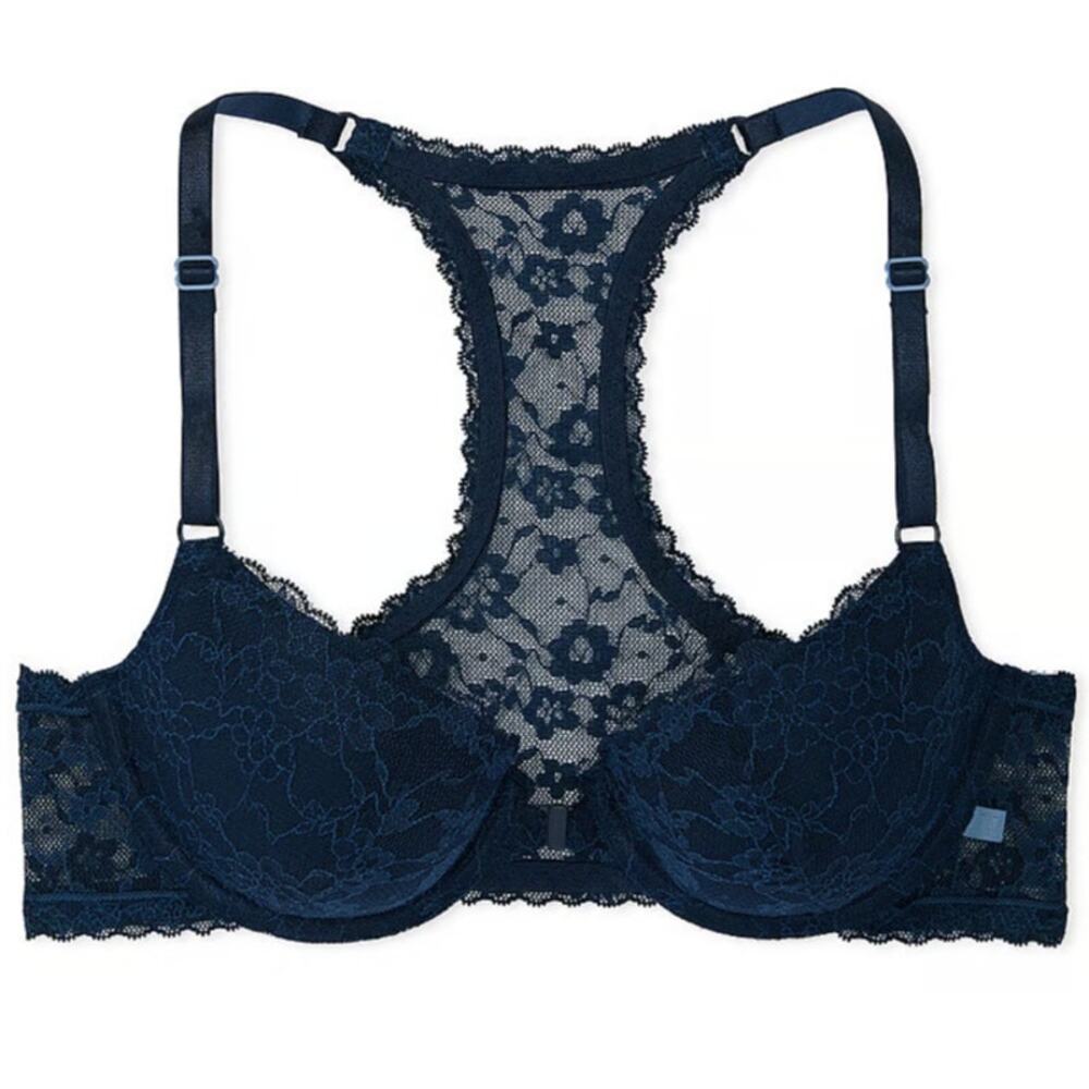 Victoria's Secret Sexy Tee Posey Lace Lightly Lined Racerback Demi Bra Noir Navy